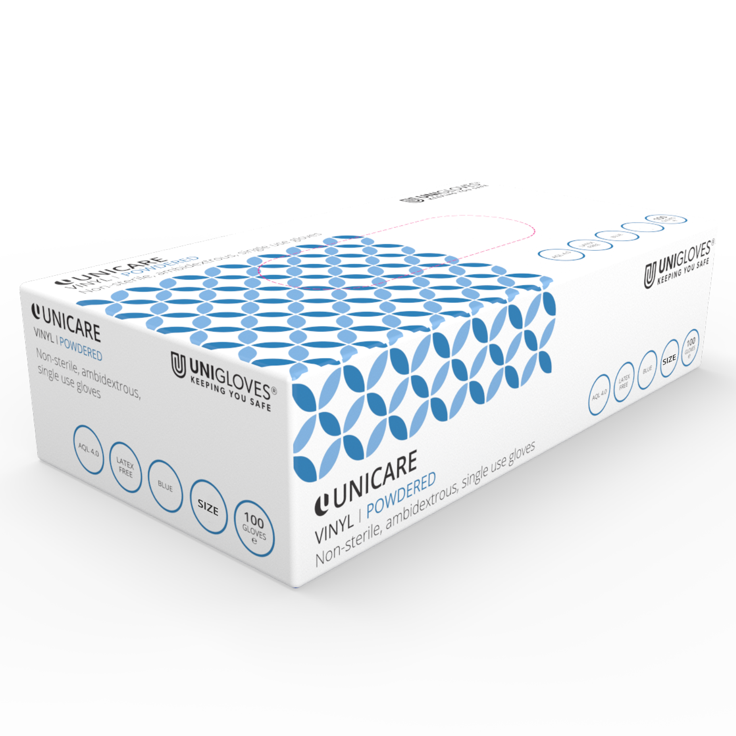 Unicare Blaue Vinyl-Puderhandschuhe, 100er-Box